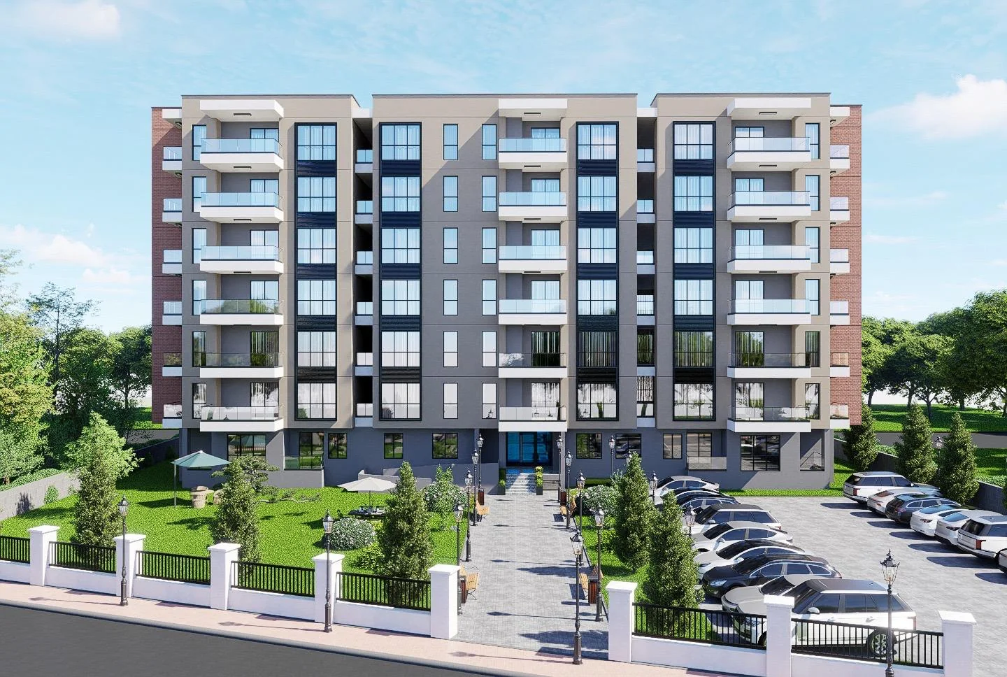 Zenova Prime’ın bahçesi, otoparkı ve ön cephesini gösteren mimari proje görseli